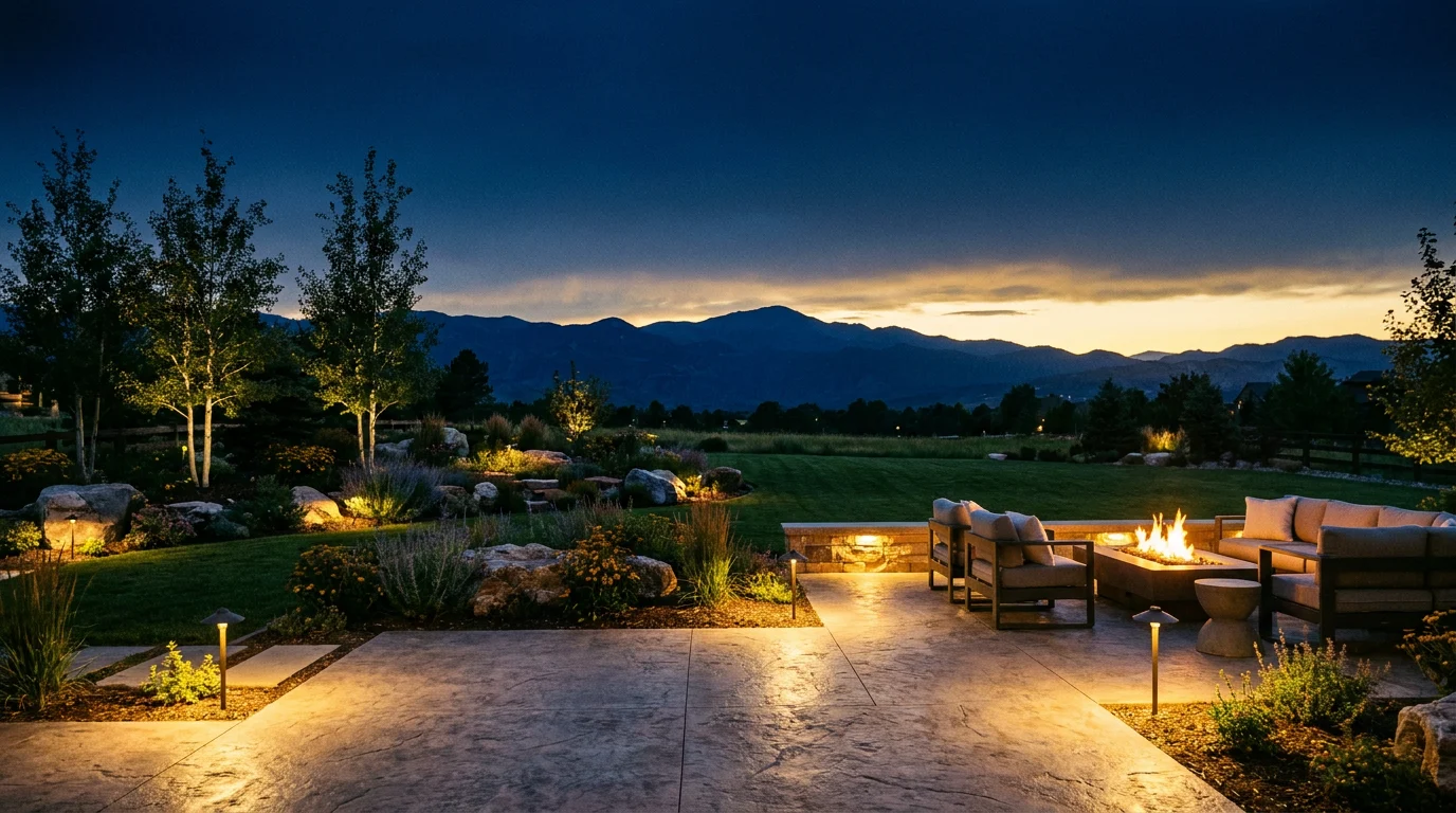 A completed high-end Colorado outdoor living space at golden hour